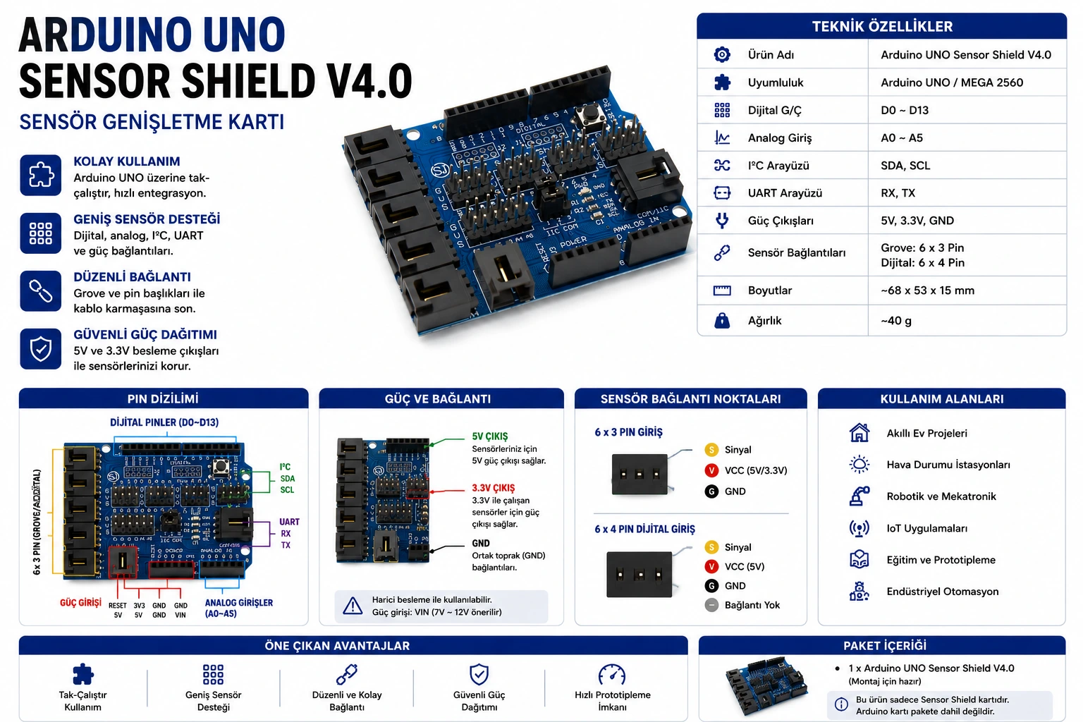 Arduino UNO Sensör Shield V4.0 DATA VCC GND bağlantı kartı