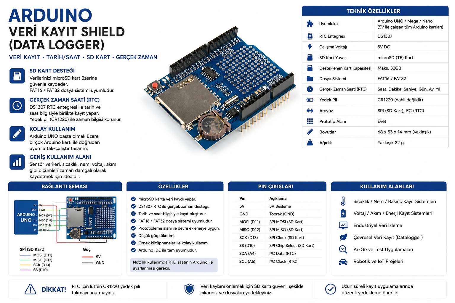Arduino Veri Kayıt Shield Data Logger RTC SD kart kayıt modülü