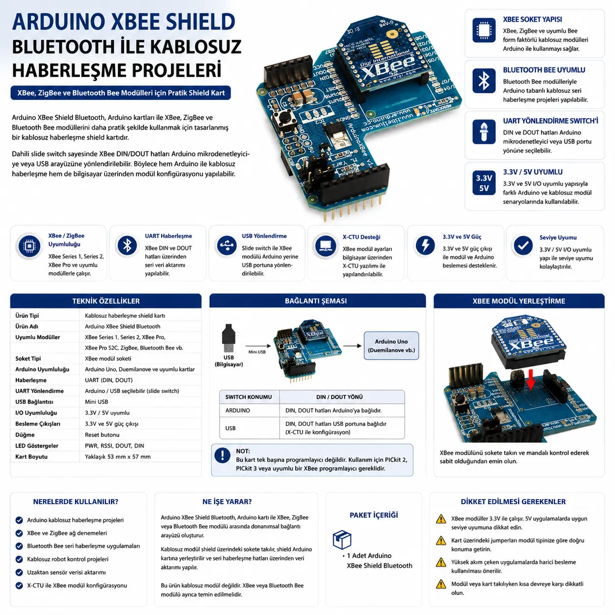 Arduino XBee Shield Bluetooth ZigBee Bluetooth Bee kablosuz haberleşme shield kartı