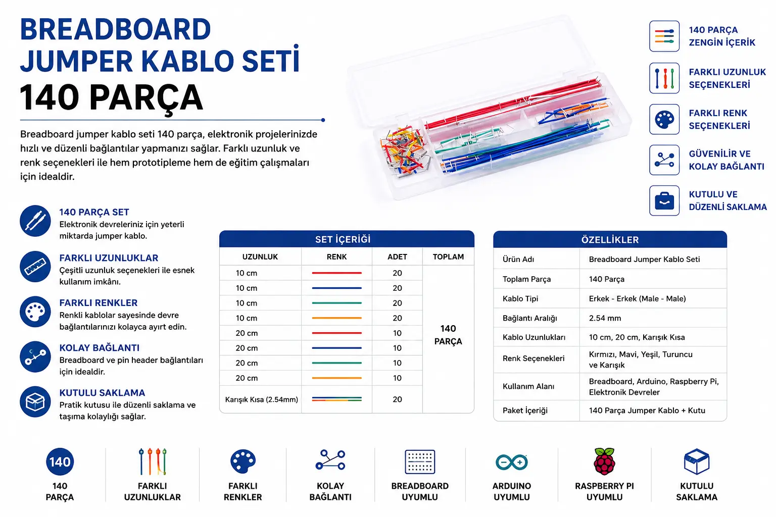 140 Parça Breadboard Jumper Kablo Kiti Kutulu