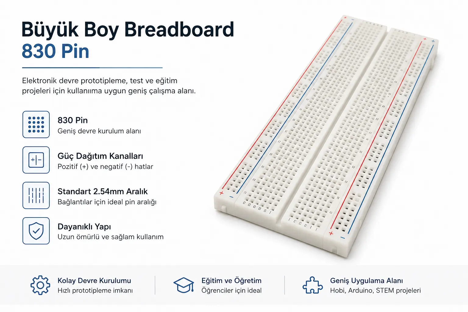 Breadboard 830 Pin Büyük Boy lehimsiz devre prototipleme kartı