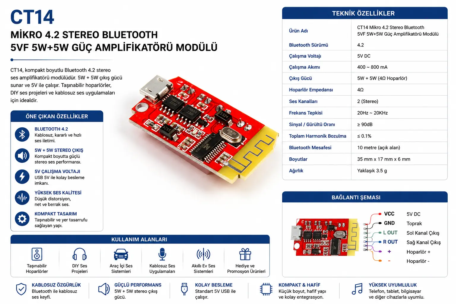 CT14 Mikro 4.2 stereo Bluetooth 5W 5W güç amplifikatörü modülü