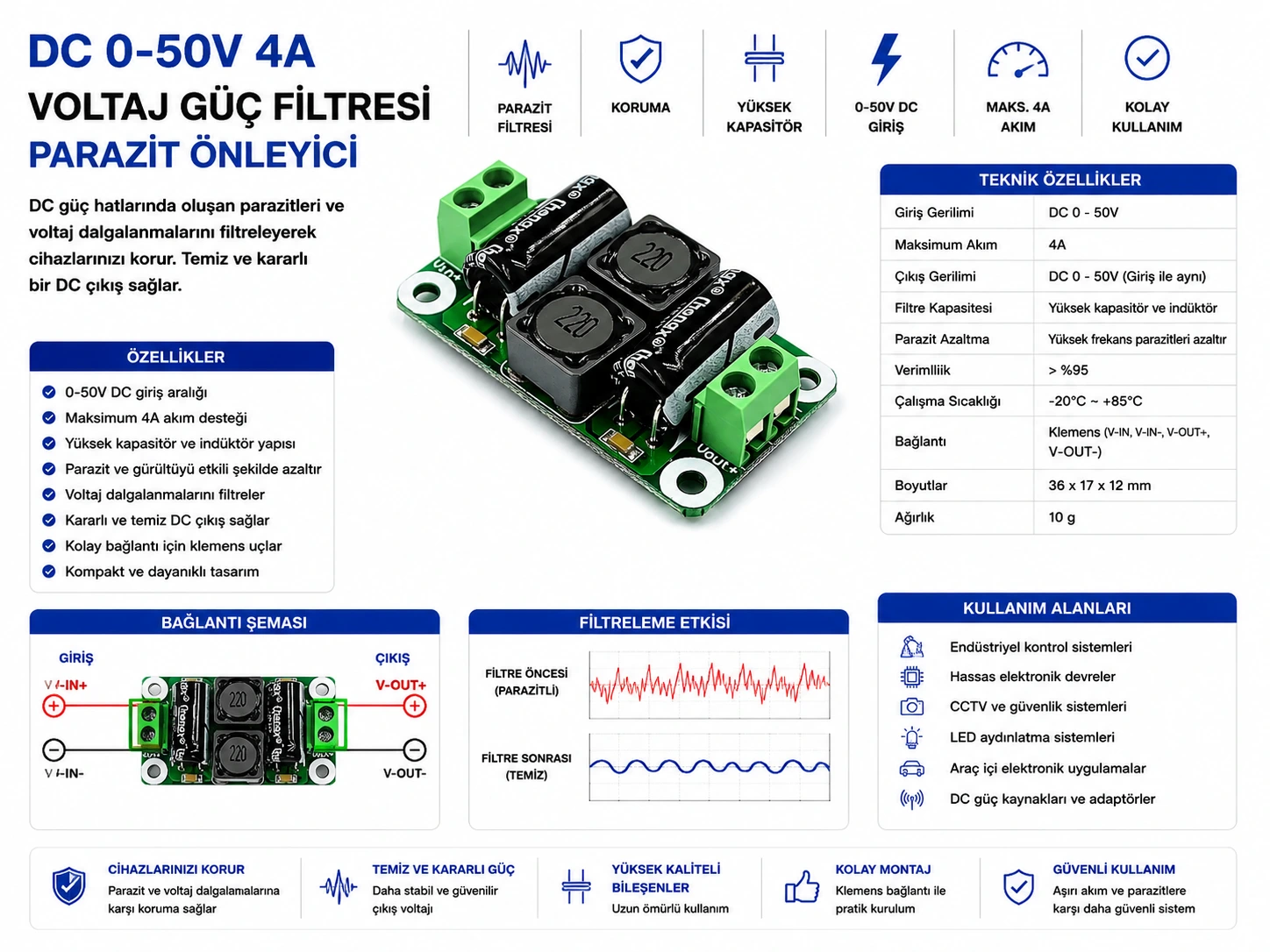 DC 0-50V 4A voltaj güç filtresi parazit önleyici modül