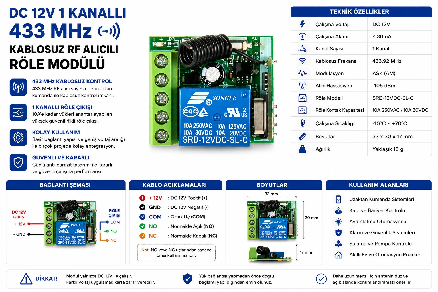 DC 12V 1 kanallı 433 MHz kablosuz RF alıcılı röle modülü