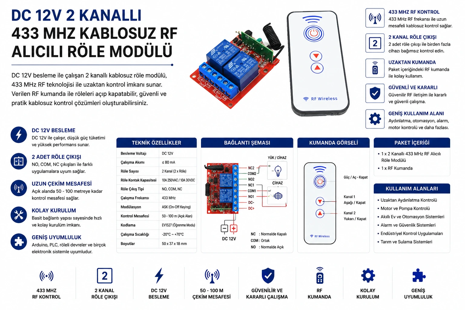 DC 12V 2 Kanallı 433 MHz Kablosuz RF Alıcılı Röle Modülü Kutulu