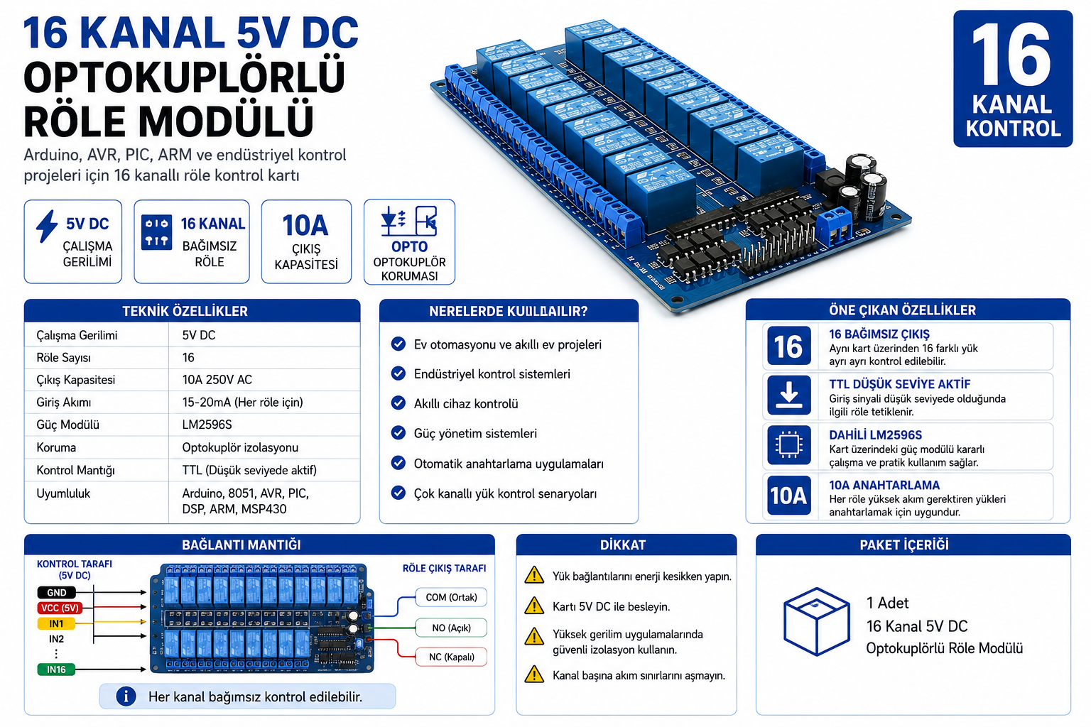 16 kanal 5V röle kartı low level trigger Arduino uyumlu çok kanallı röle modülü