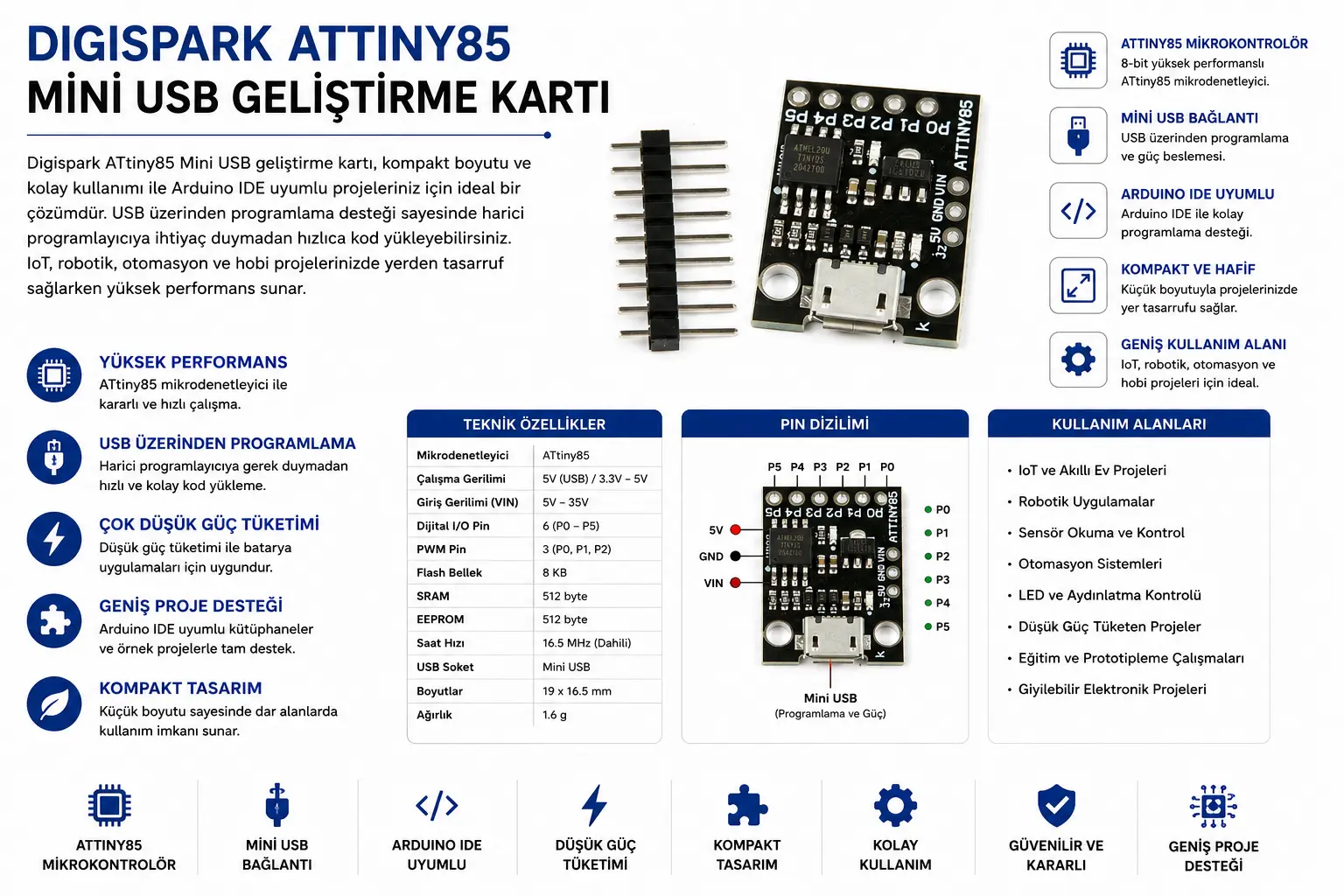 Digispark ATtiny85 Geliştirme Kartı Arduino IDE Uyumlu USB Mikrodenetleyici Kartı