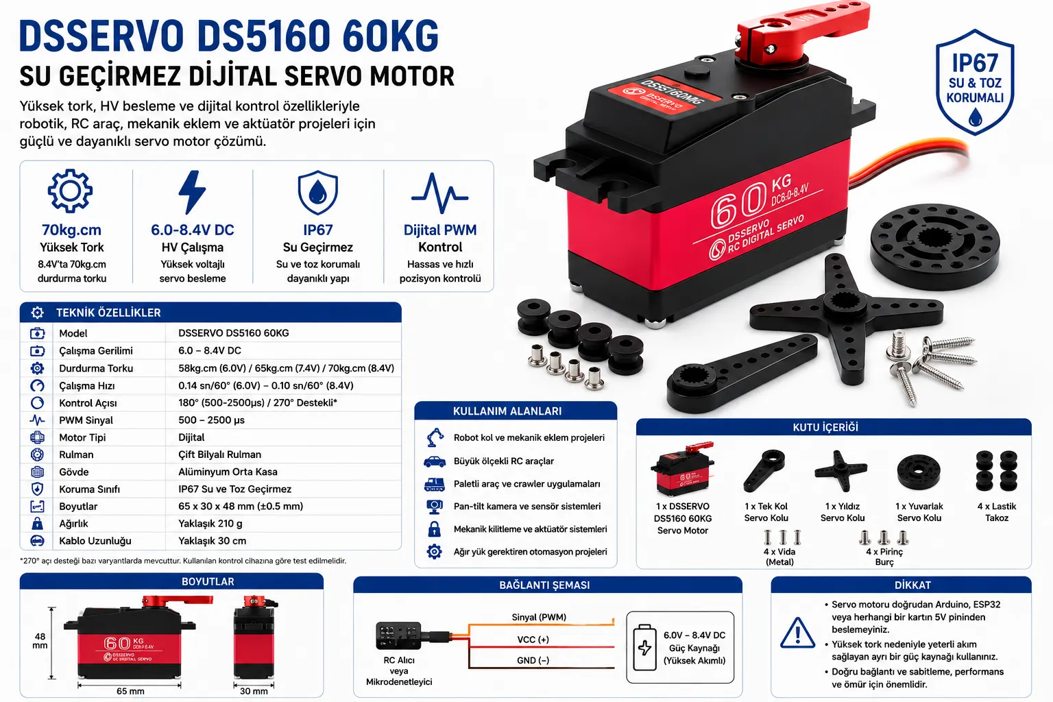 DSSERVO DS5160 60KG su geçirmez dijital servo motor 180 derece HV servo