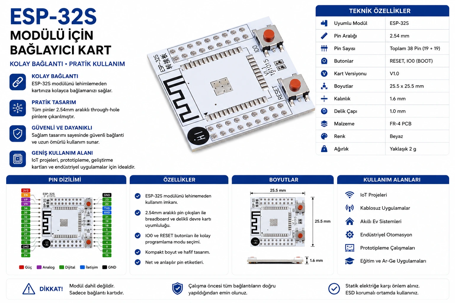 ESP-32S modülü için bağlayıcı kart ESP32 breakout adaptör