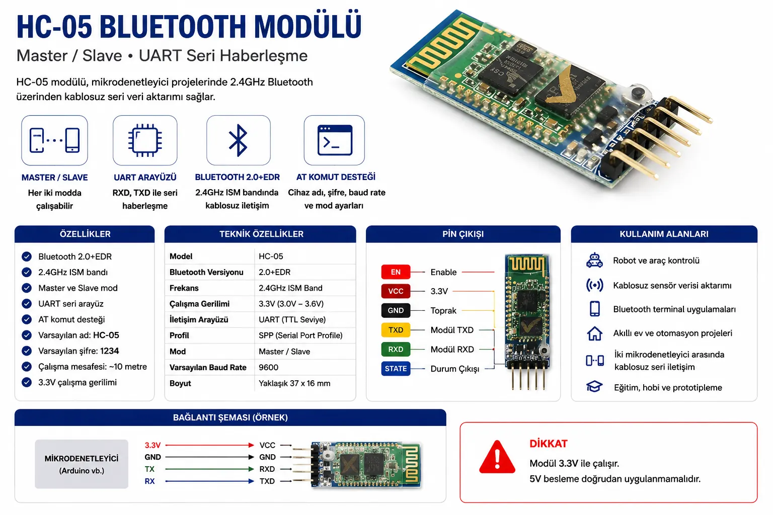 HC-05 6 Pin Bluetooth Master Slave Modülü Arduino uyumlu kablosuz seri haberleşme kartı
