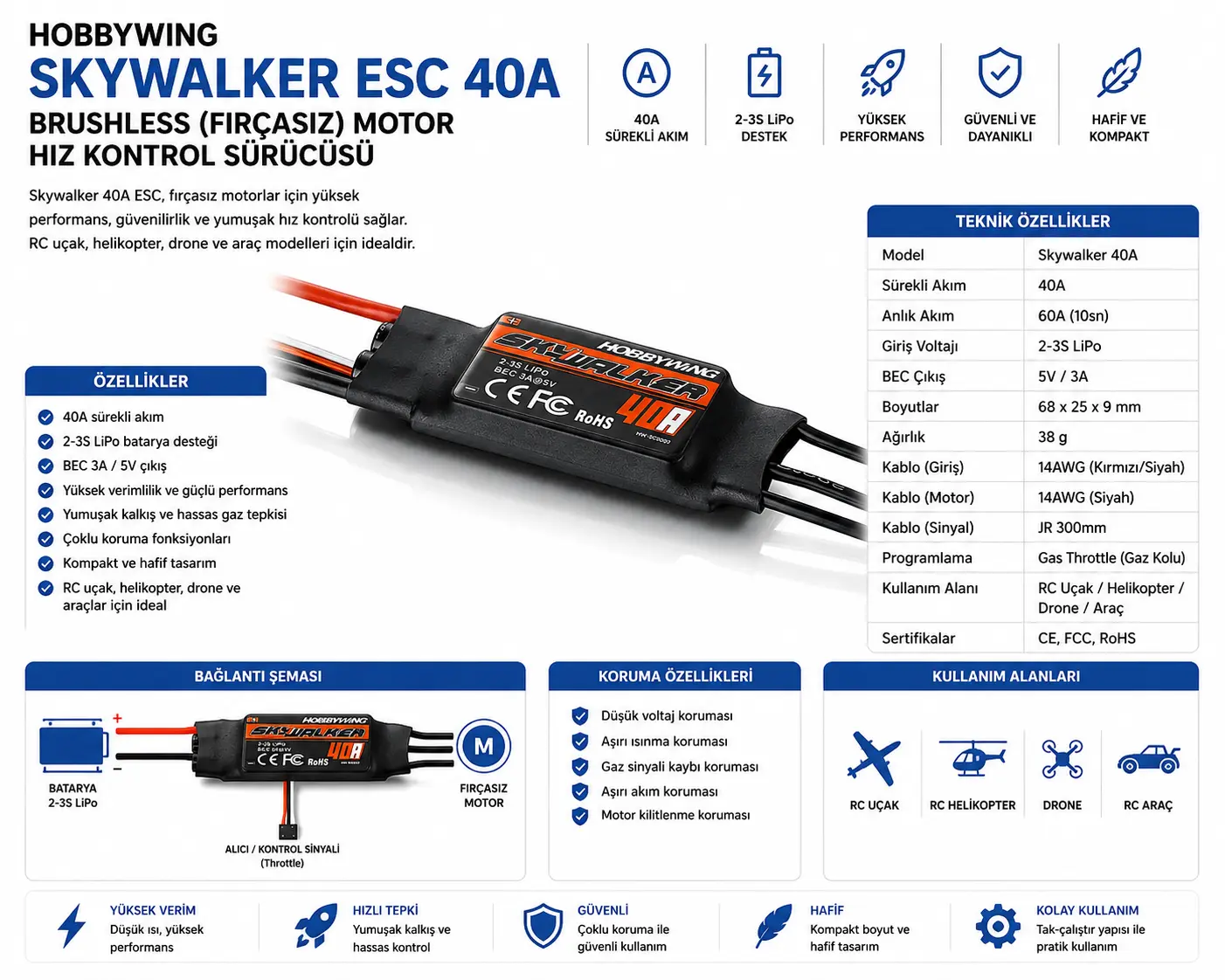Hobbywing Skywalker 40A ESC fırçasız motor hız kontrol sürücüsü