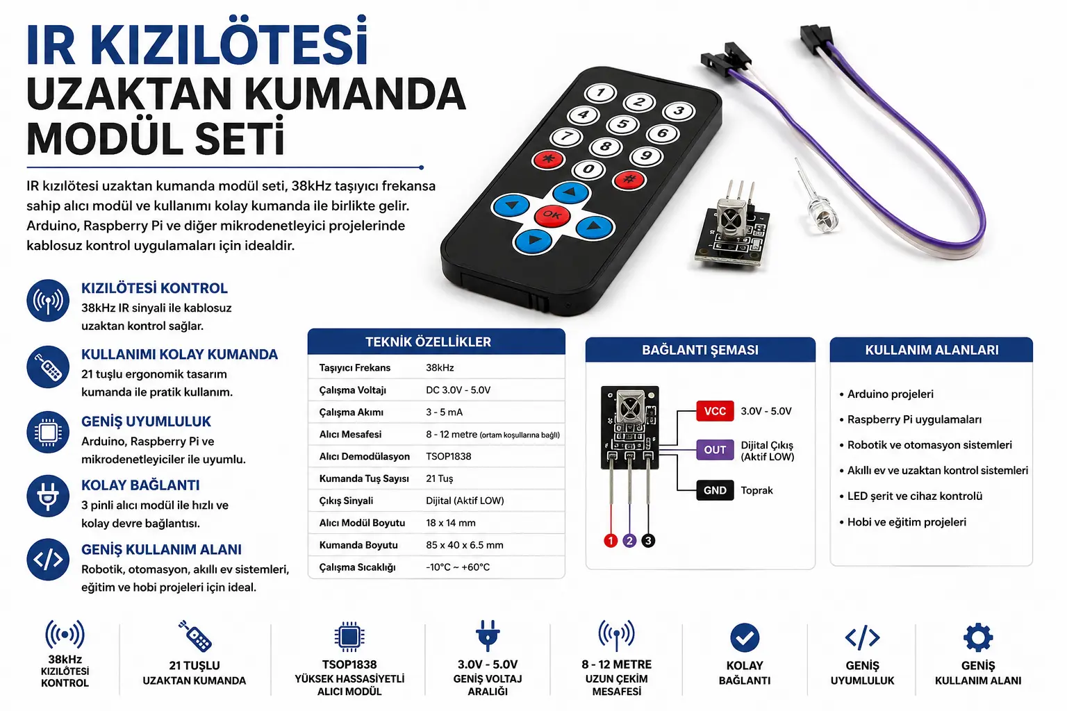 IR Alıcı Verici Uzaktan Kumanda Seti 38kHz Arduino Uyumlu