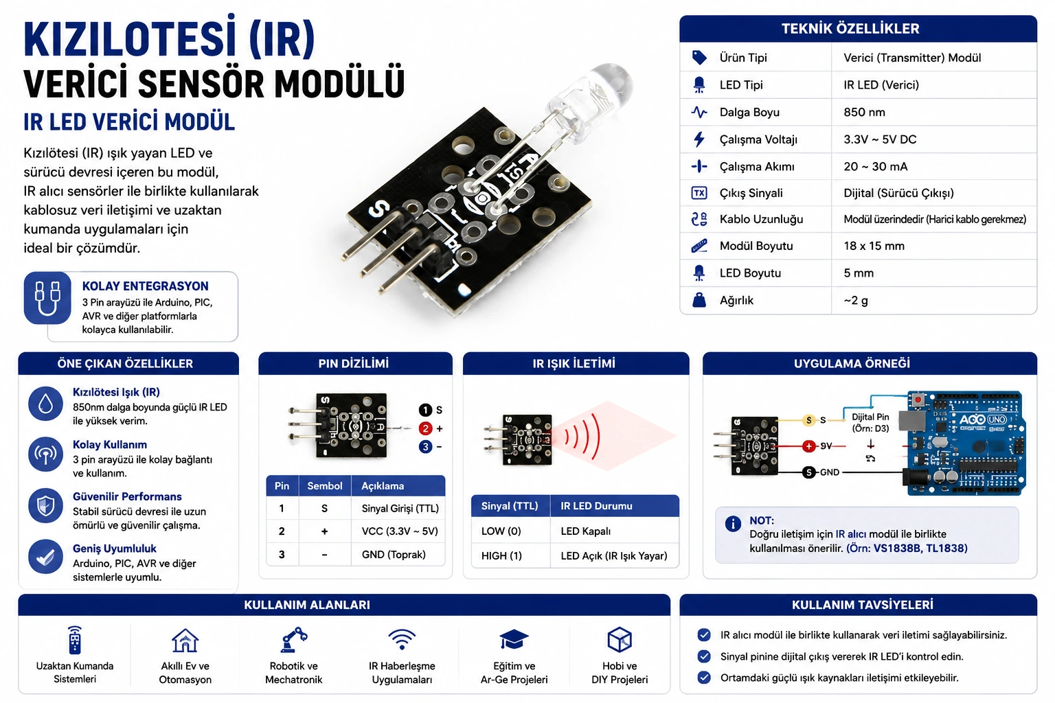 Kızılötesi IR verici sensörü modülü KY-005 Arduino uyumlu IR LED