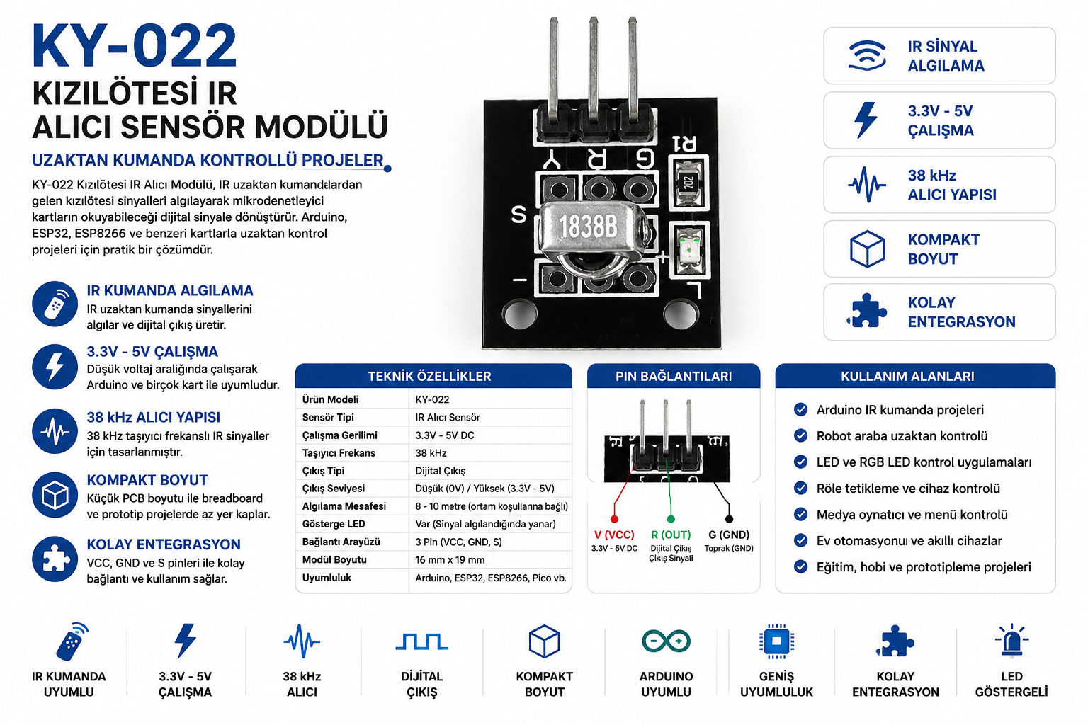 KY-022 kızılötesi IR alıcı sensör modülü Arduino uyumlu