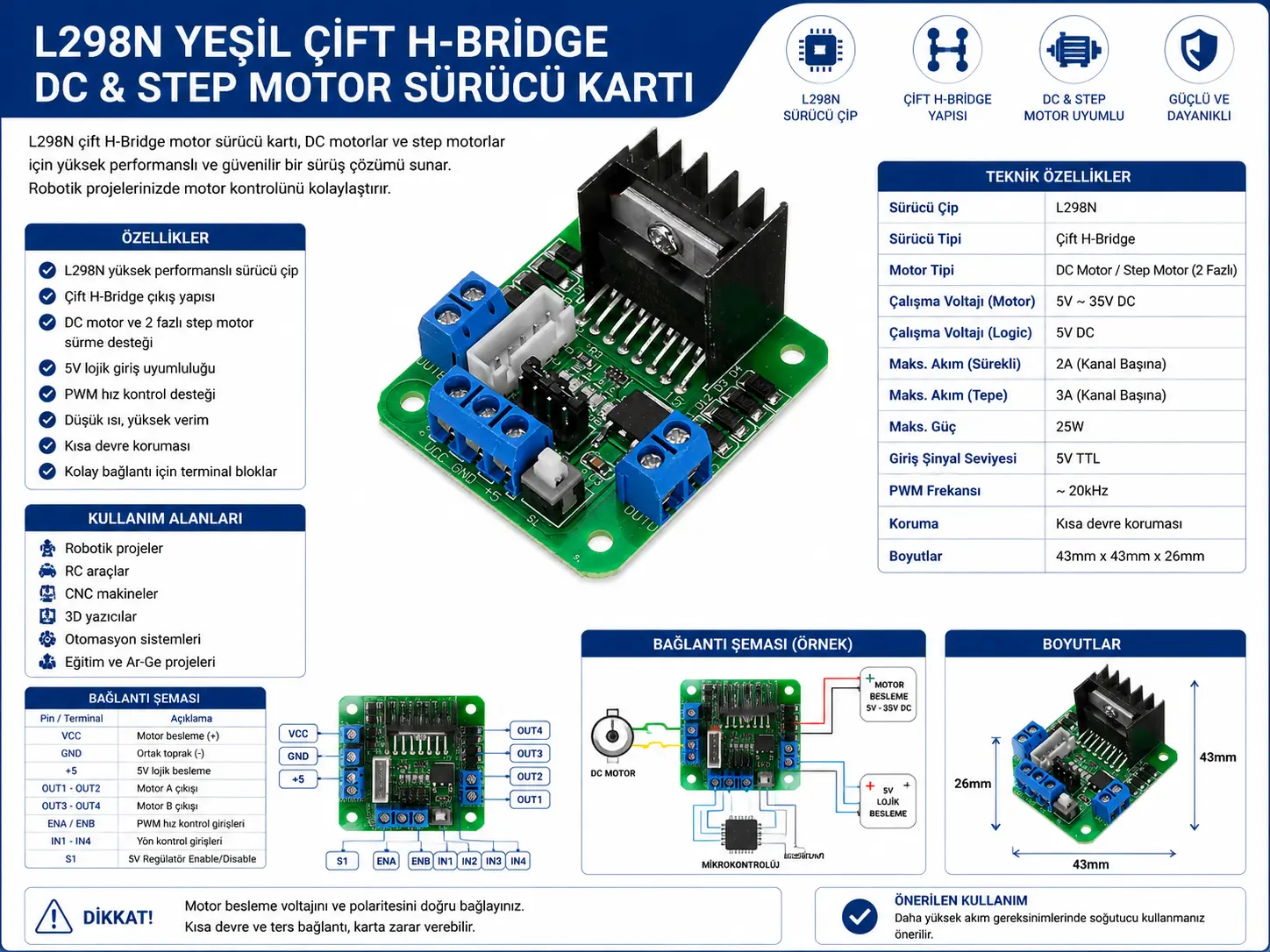 L298N yeşil çift H Bridge DC step motor sürücü kartı Arduino uyumlu