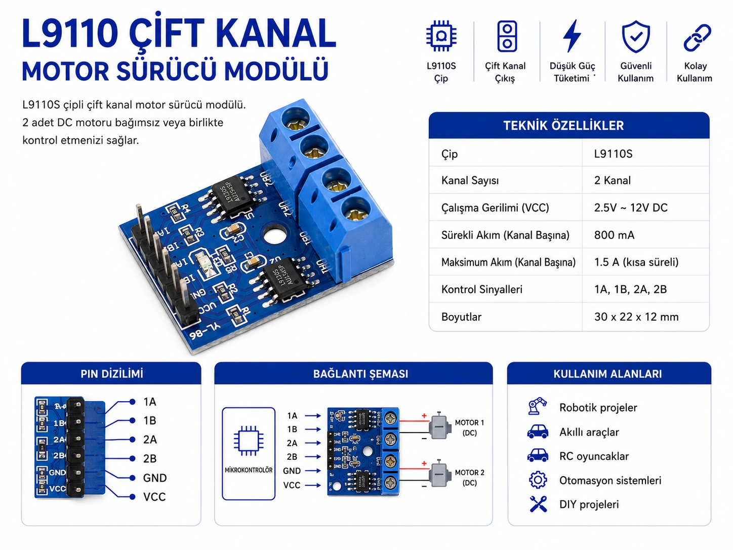 L9110 çift kanal motor sürücü DC motor kontrol kartı