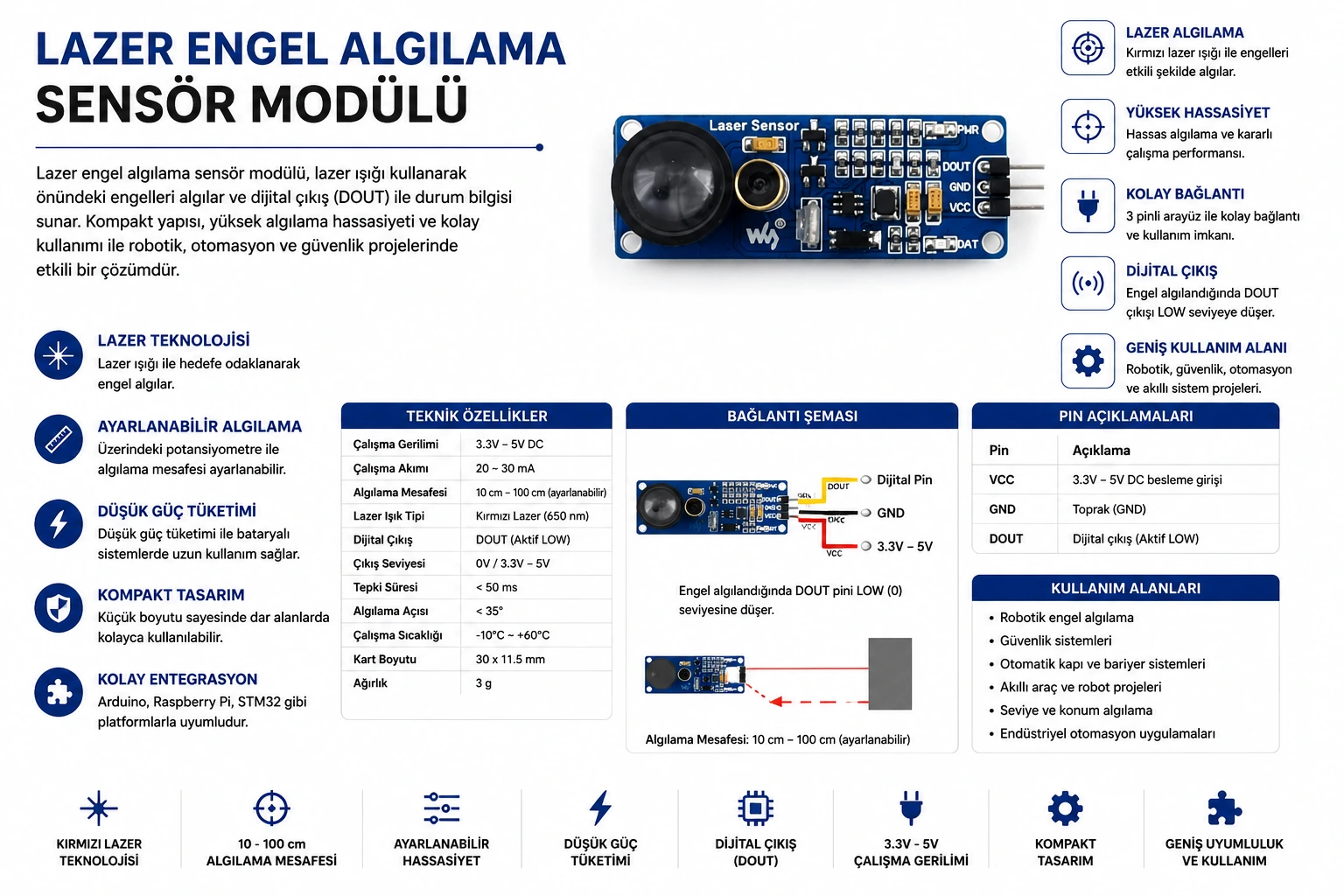Lazer Engel Algılama Modülü Dijital Çıkışlı Arduino Sensör