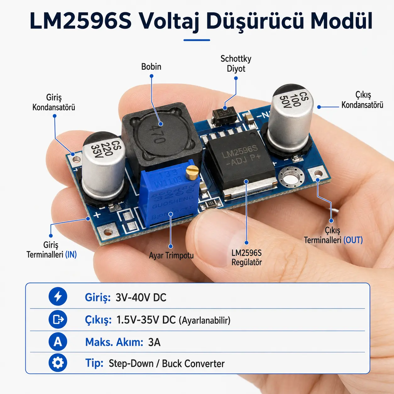 LM2596S voltaj düşürücü modül bağlantı noktaları ve teknik özellikleri