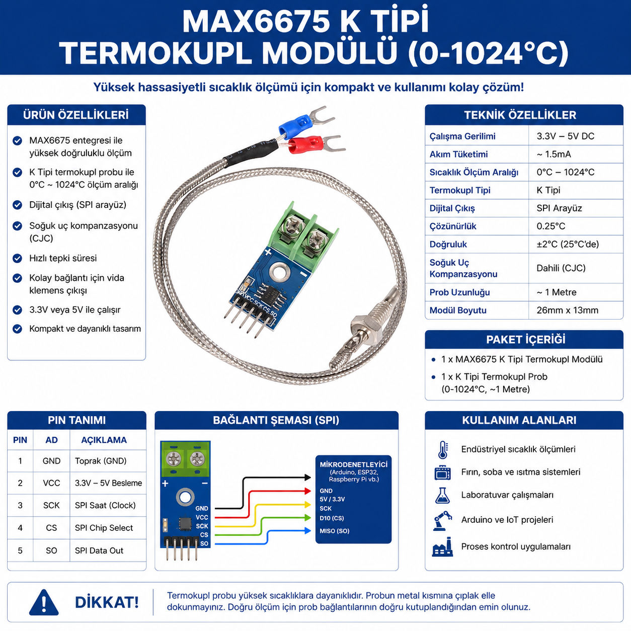 MAX6675 K tipi termokupl sıcaklık sensörü SPI Arduino uyumlu yüksek sıcaklık ölçüm modülü