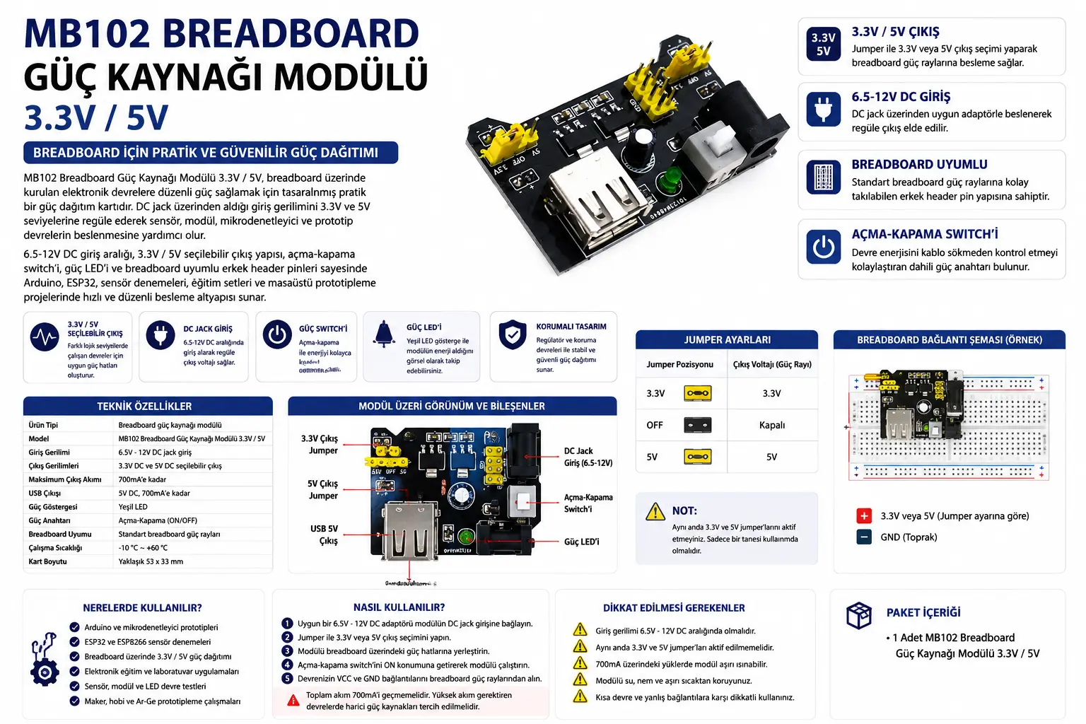 MB102 breadboard güç kaynağı modülü 3.3V 5V çıkışlı prototipleme güç kartı