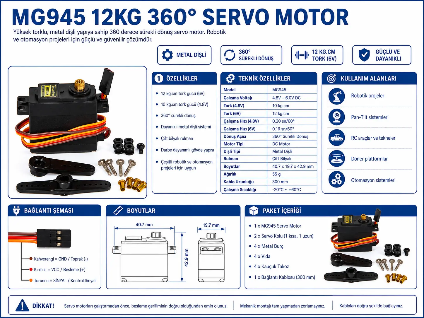 MG945 12 KG 360 derece servo motor metal dişli Arduino RC robotik uyumlu