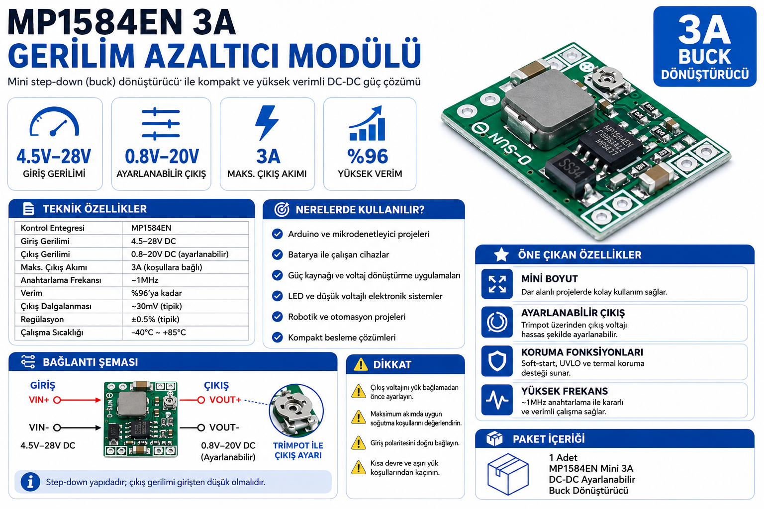 MP1584EN 3A DC-DC mini voltaj düşürücü step-down regülatör modülü