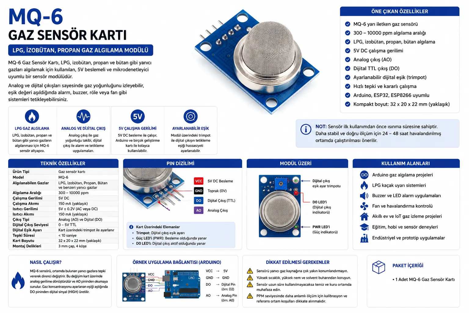 MQ-6 LPG izobütan propan gaz sensör kartı Arduino uyumlu analog dijital çıkışlı