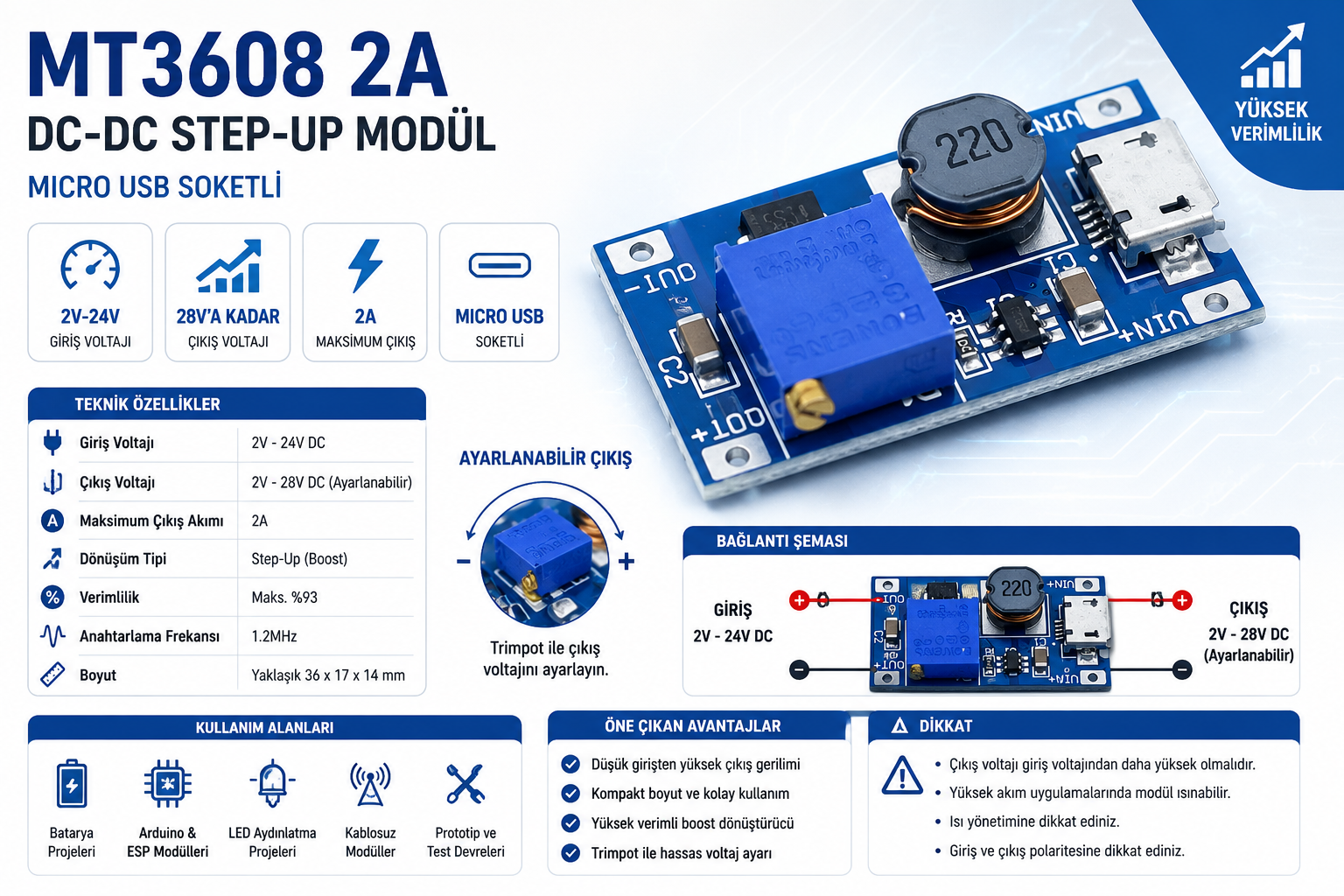 MT3608 2A DC-DC step-up güç modülü micro USB soketli ayarlanabilir voltaj yükseltici
