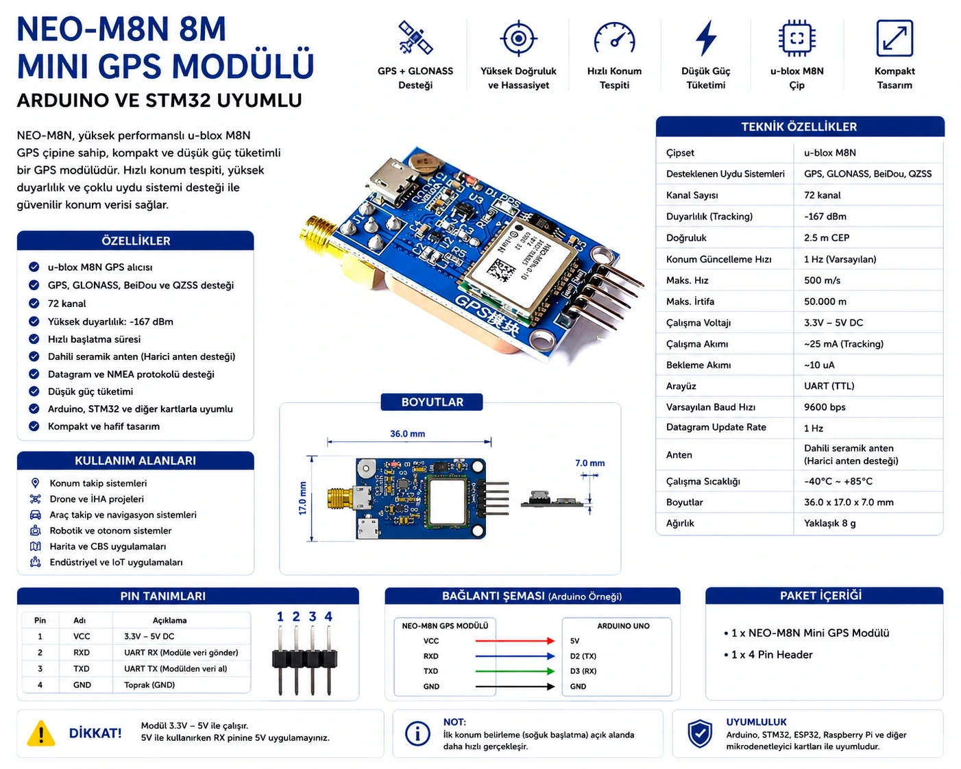 NEO-M8N Arduino ve STM32 uyumlu mini GPS modülü UART Micro USB SMA antenli