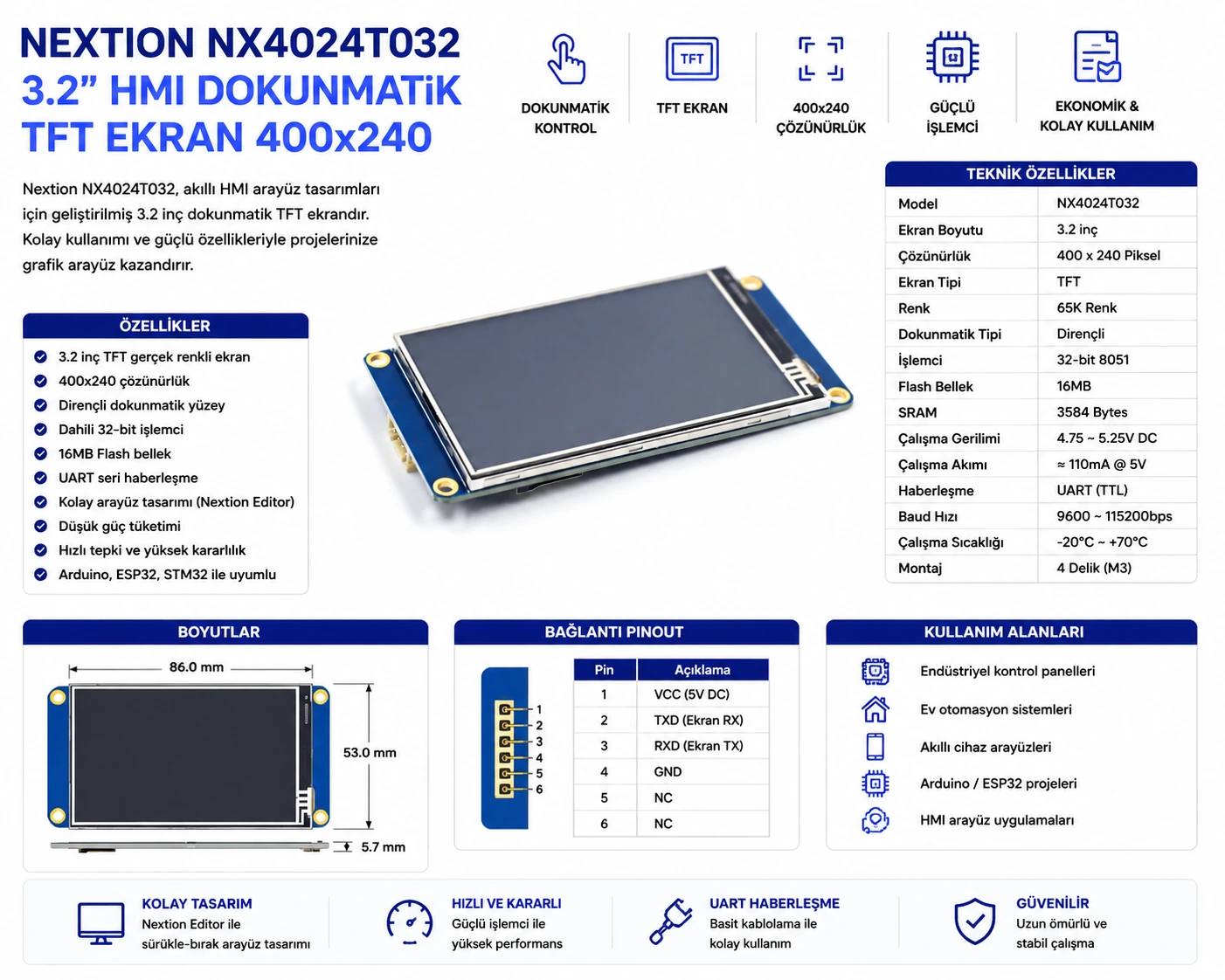 Nextion NX4024T032 3.2 inç HMI dokunmatik TFT ekran 400x240