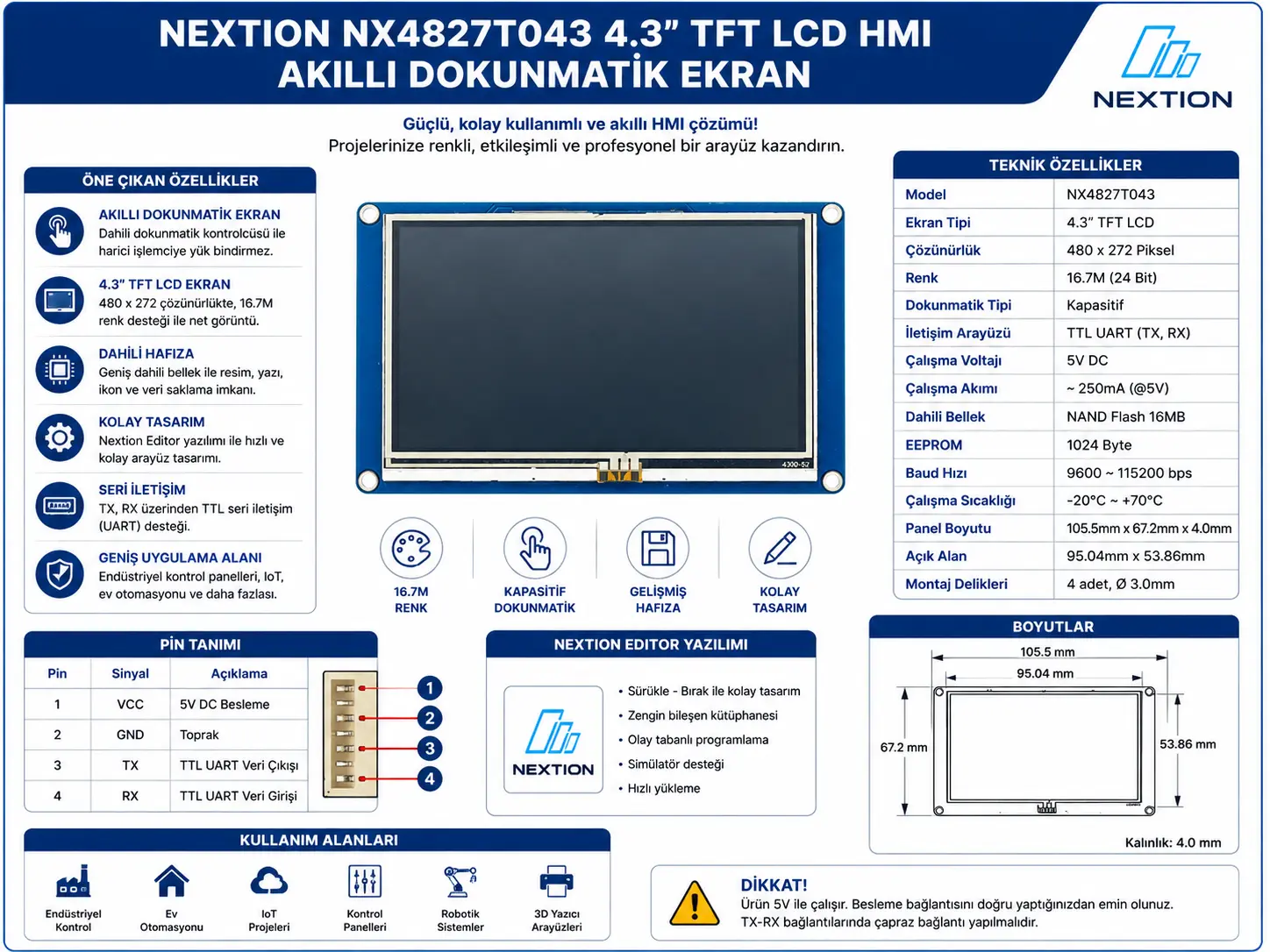 Nextion NX4827T043 4.3 inch TFT LCD HMI akıllı dokunmatik ekran 480x272
