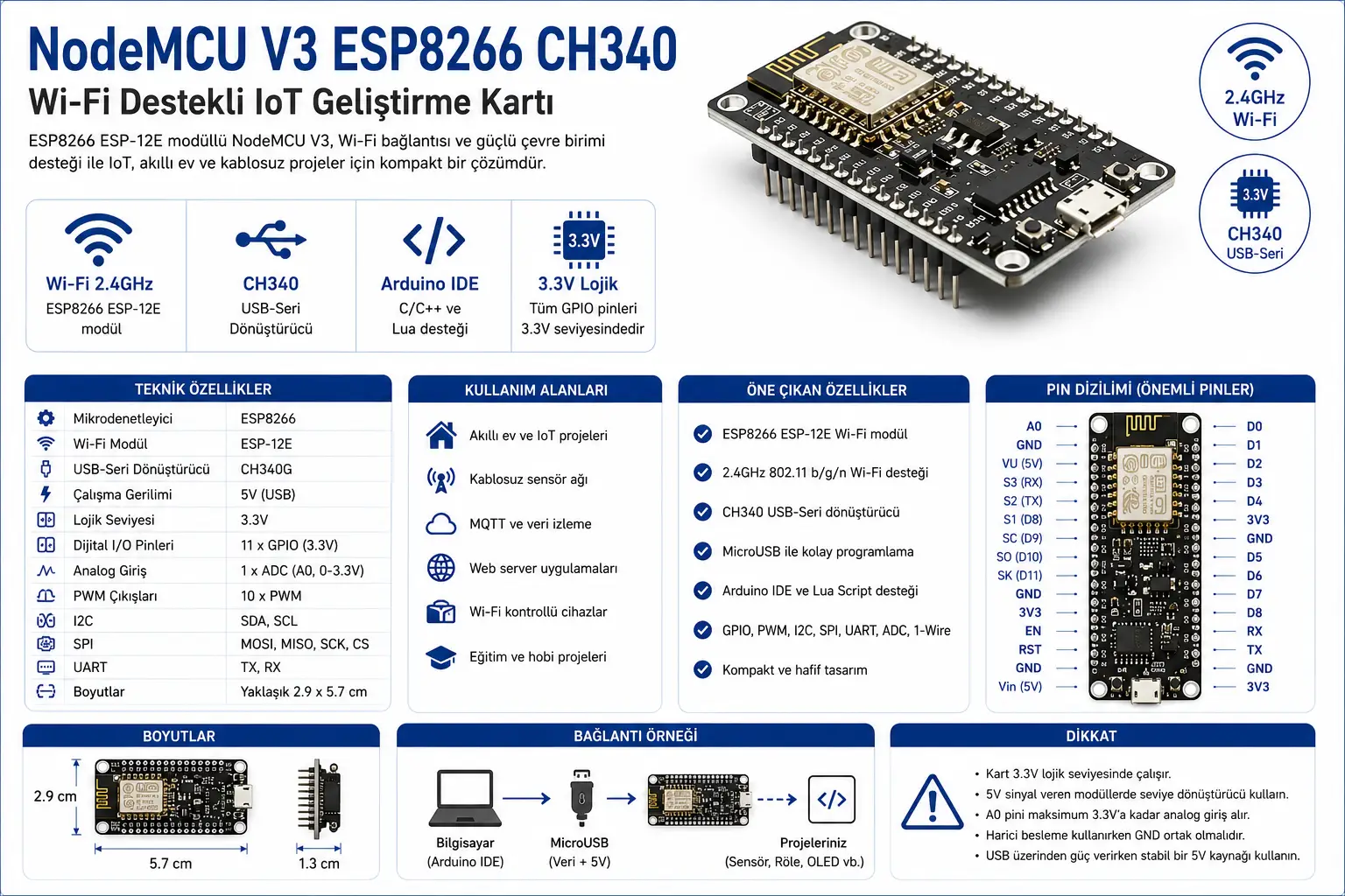 NodeMCU V3 ESP8266 ESP-12E CH340 Wi-Fi geliştirme kartı Arduino IDE uyumlu