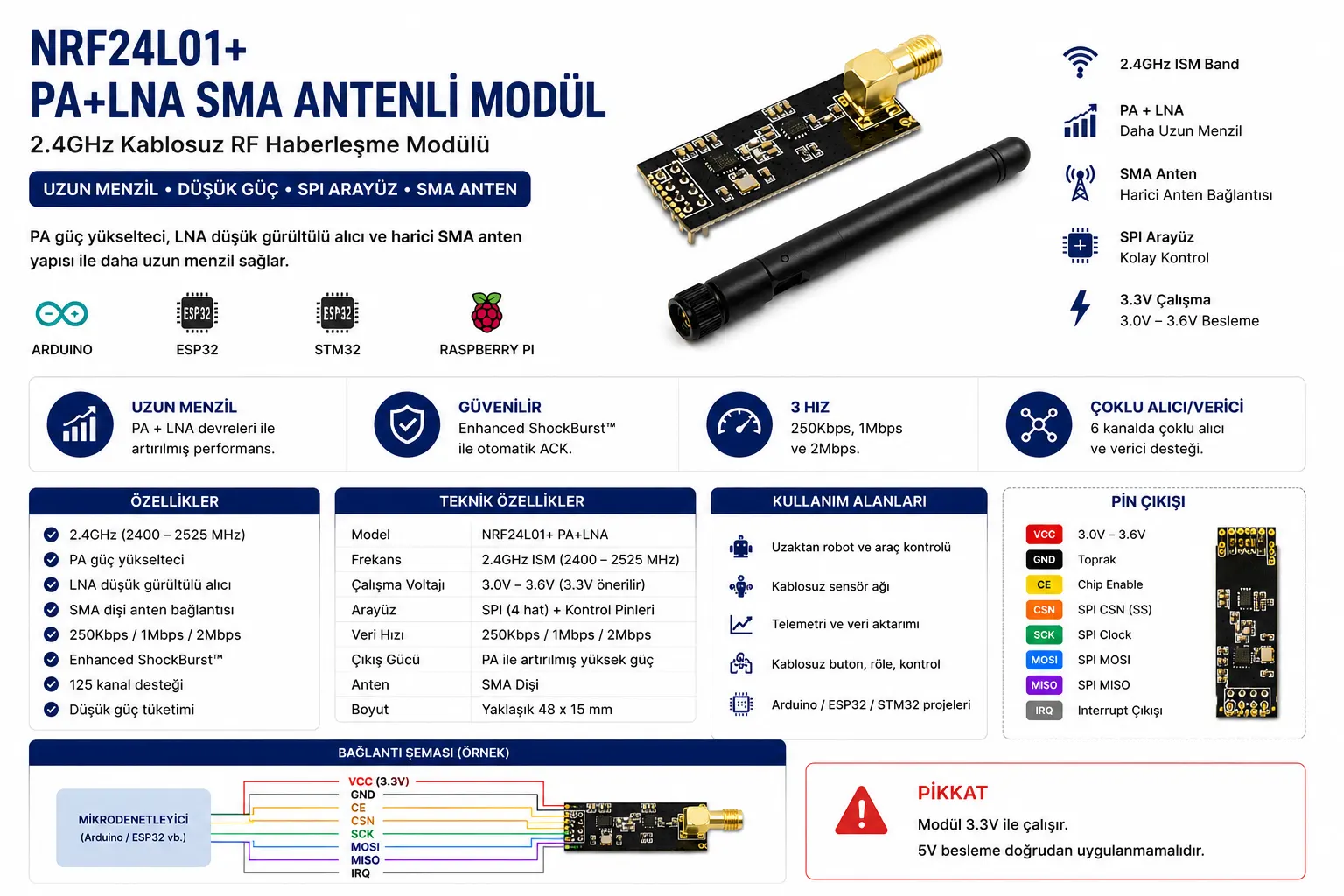 NRF24L01 PA LNA SMA antenli 2.4GHz kablosuz haberleşme RF modülü Arduino uyumlu