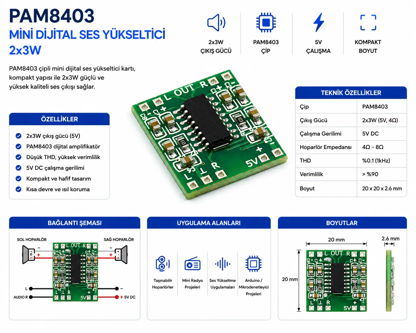 PAM8403 mini dijital ses yükseltici 2x3W Class D stereo amfi kartı