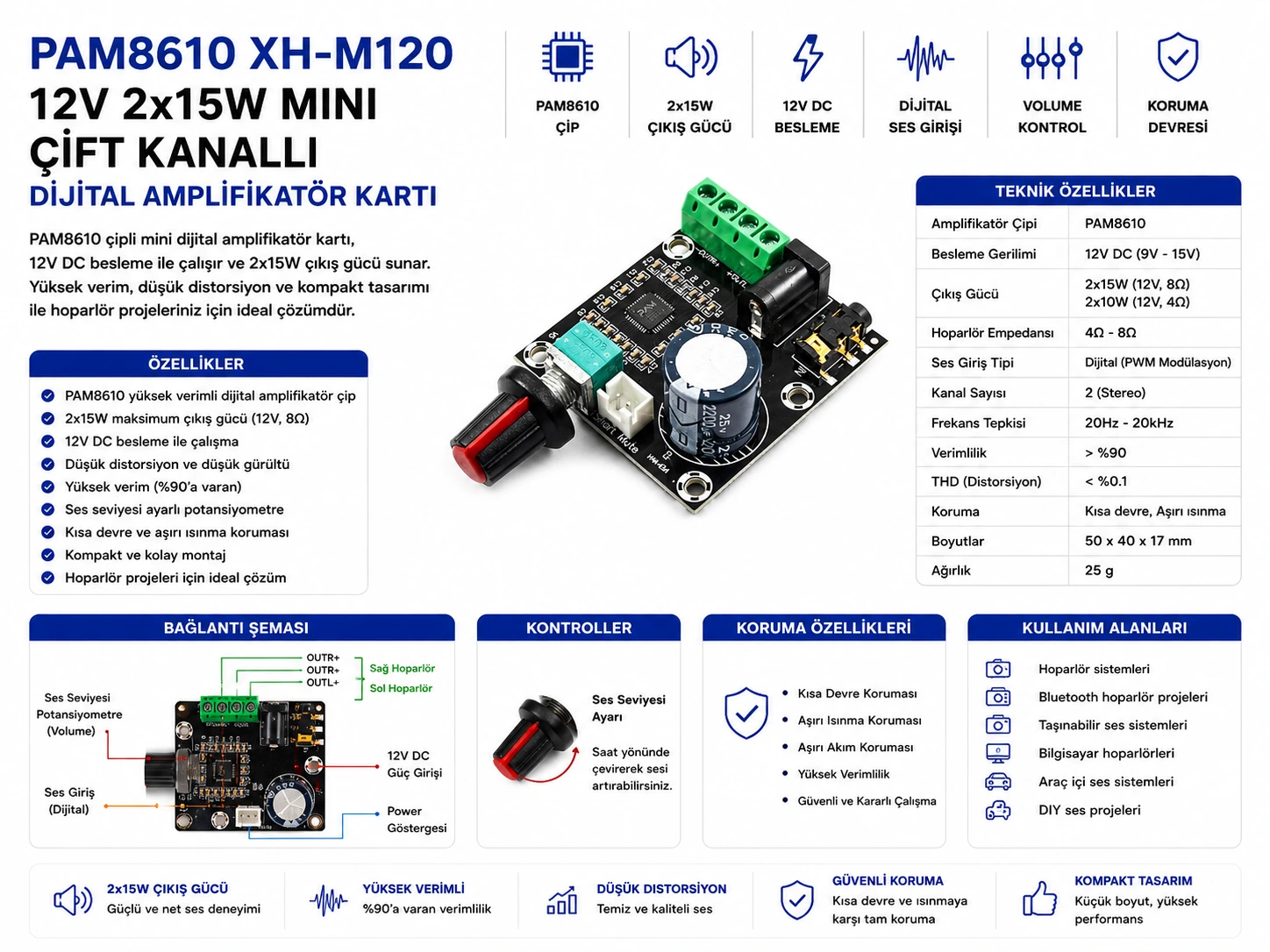 PAM8610 XH-M120 12V 2x15W mini çift kanallı dijital amplifikatör kartı