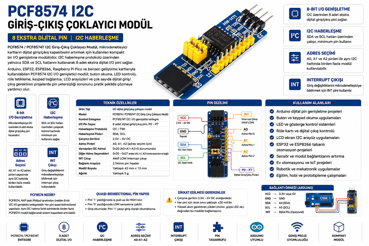 PCF8574 PCF8574T I2C giriş çıkış çoklayıcı modül Arduino uyumlu