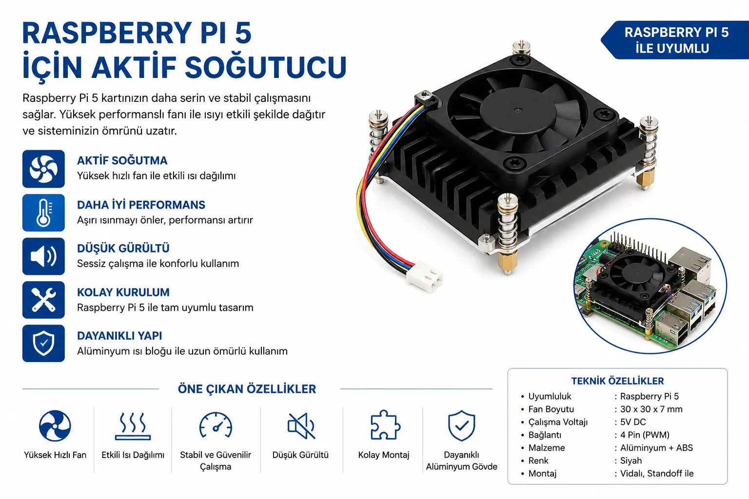 Raspberry Pi 5 Aktif Soğutucu fanlı alüminyum soğutucu