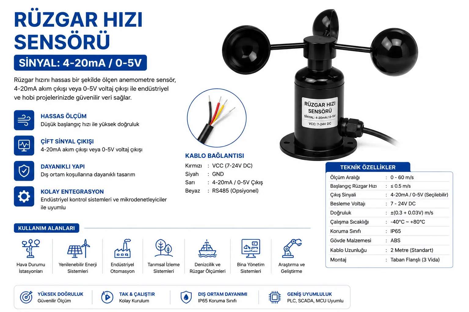 Rüzgar Hızı Sensörü Anemometre 0-5V çıkışlı