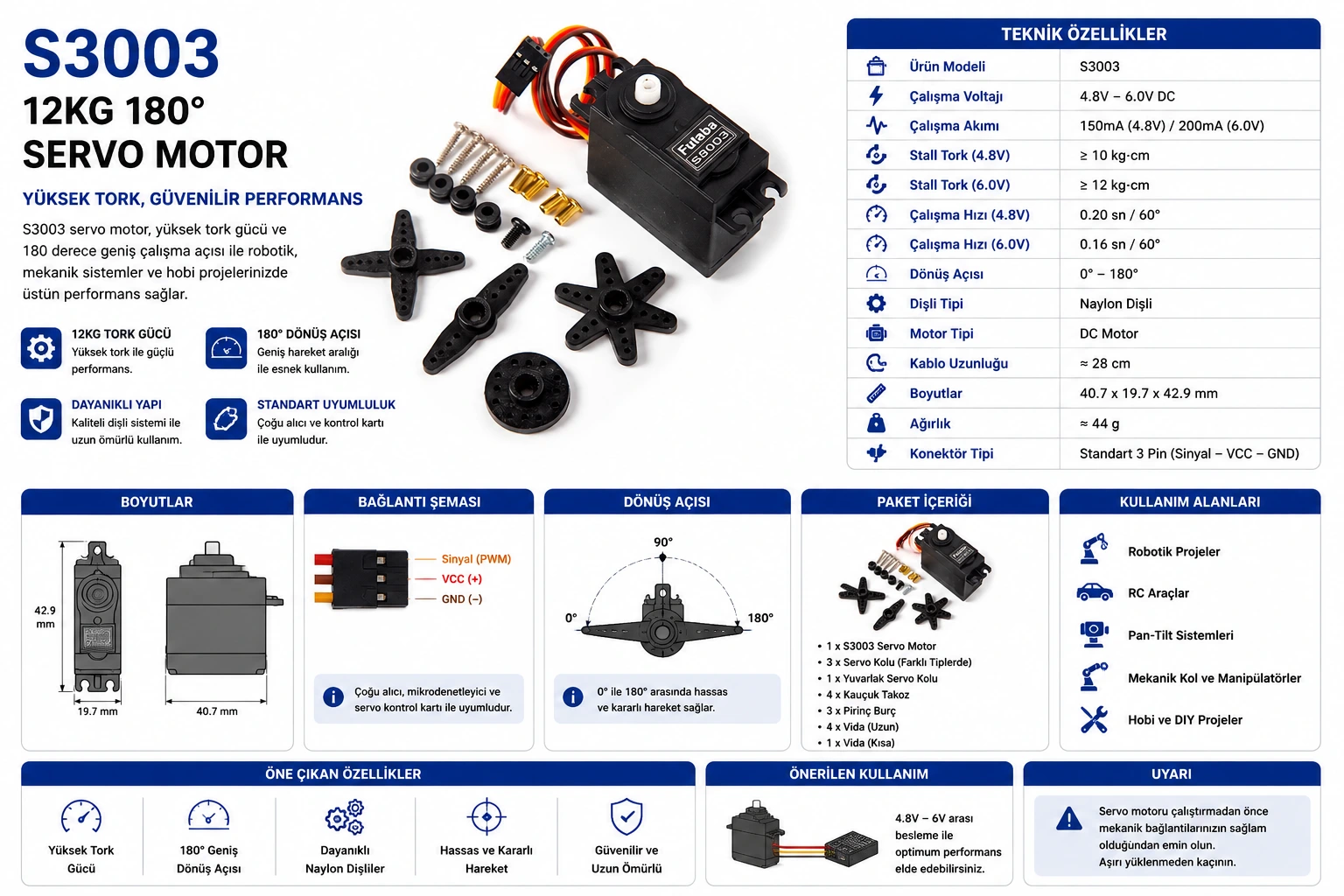 S3003 12 KG 180 derece servo motor Arduino uyumlu PWM servo