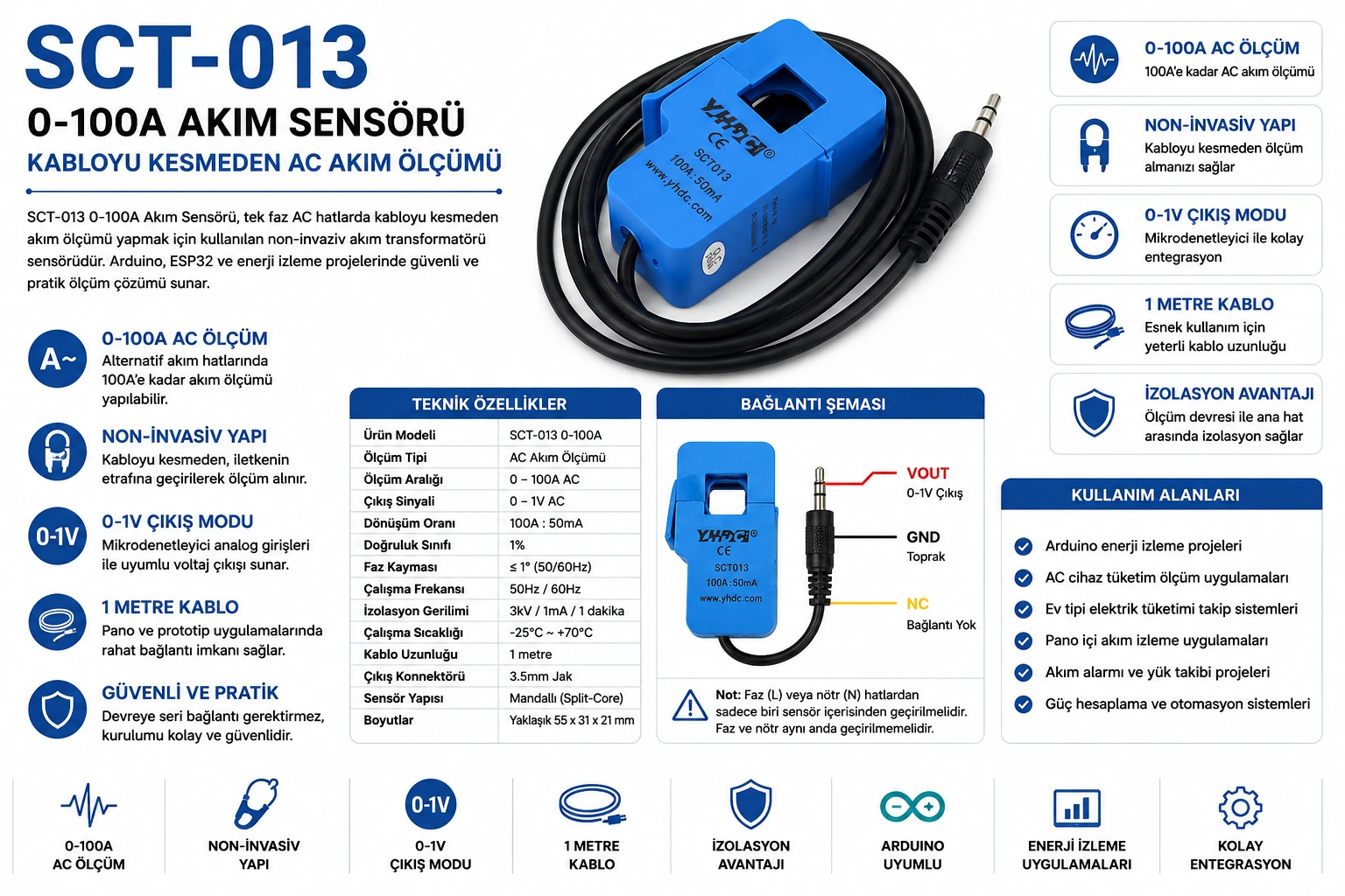 SCT-013 0-100A non-invaziv AC akım sensörü Arduino uyumlu