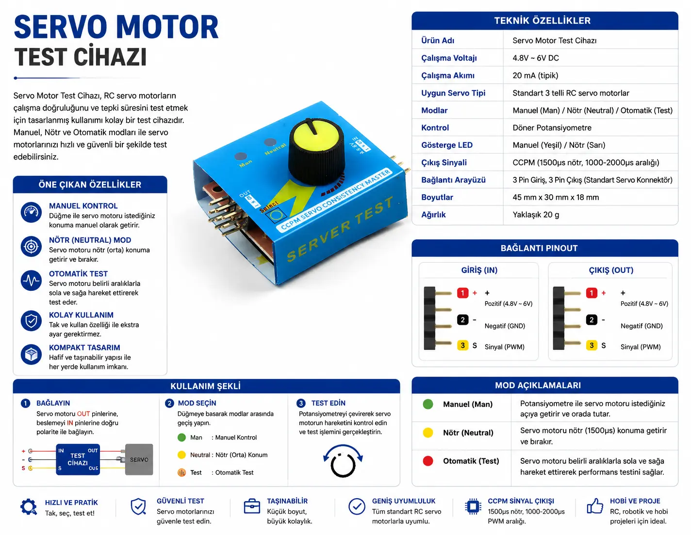 Servo motor test cihazı manuel nötr otomatik test modlu