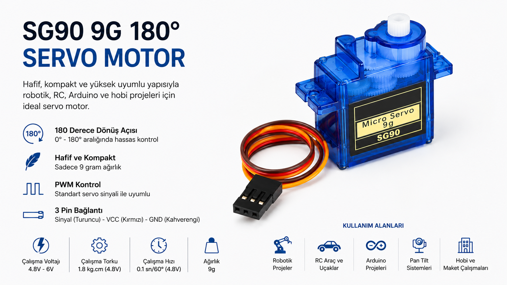 SG90 9G 180 derece mini servo motor