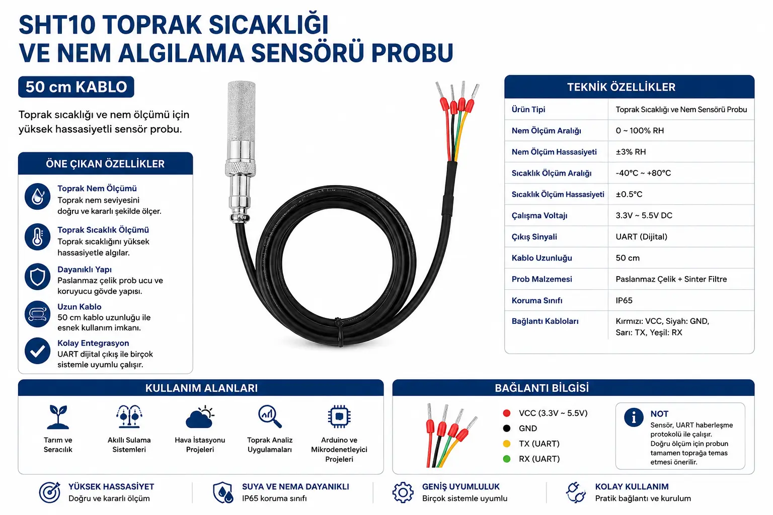 SHT10 toprak sıcaklığı ve nem algılama sensörü probu 50cm kablo