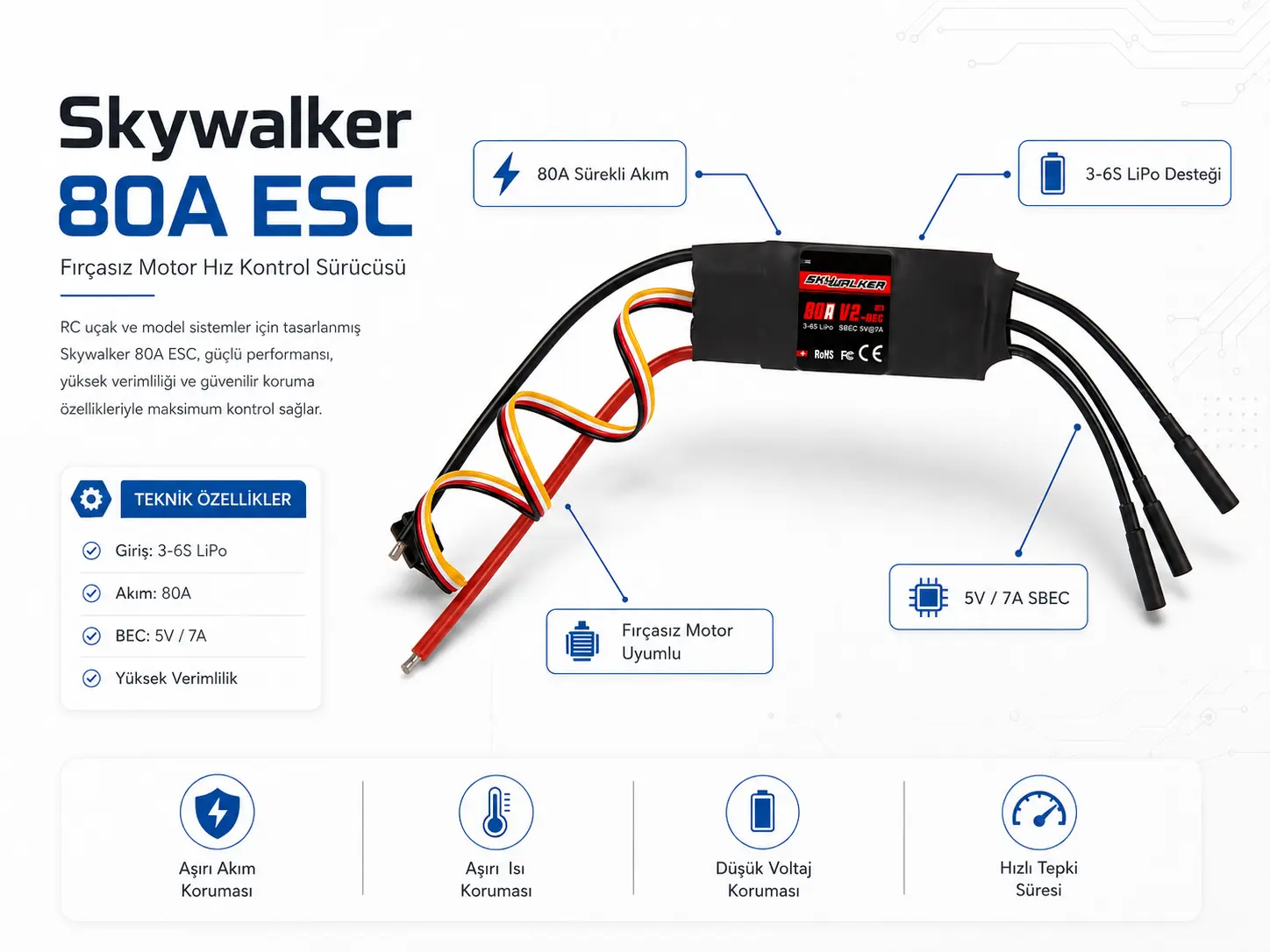 Skywalker 80A ESC fırçasız motor hız kontrol sürücü devresi