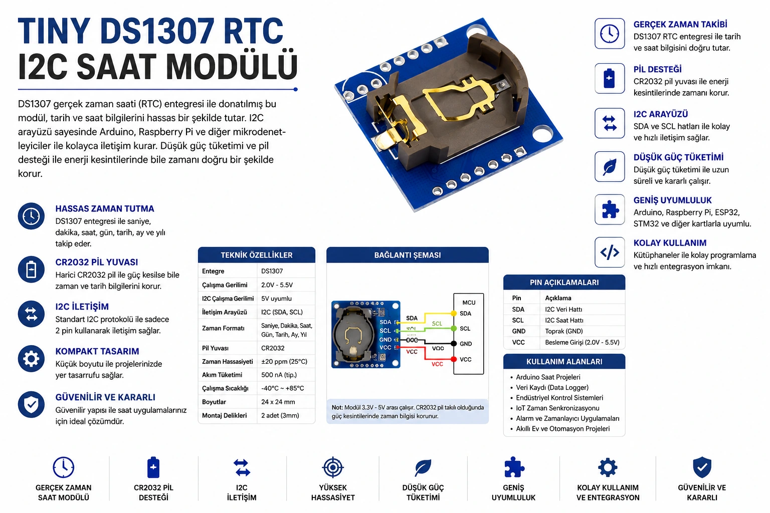 DS1307 RTC Saat Modülü Tiny RTC I2C 24C32 EEPROM