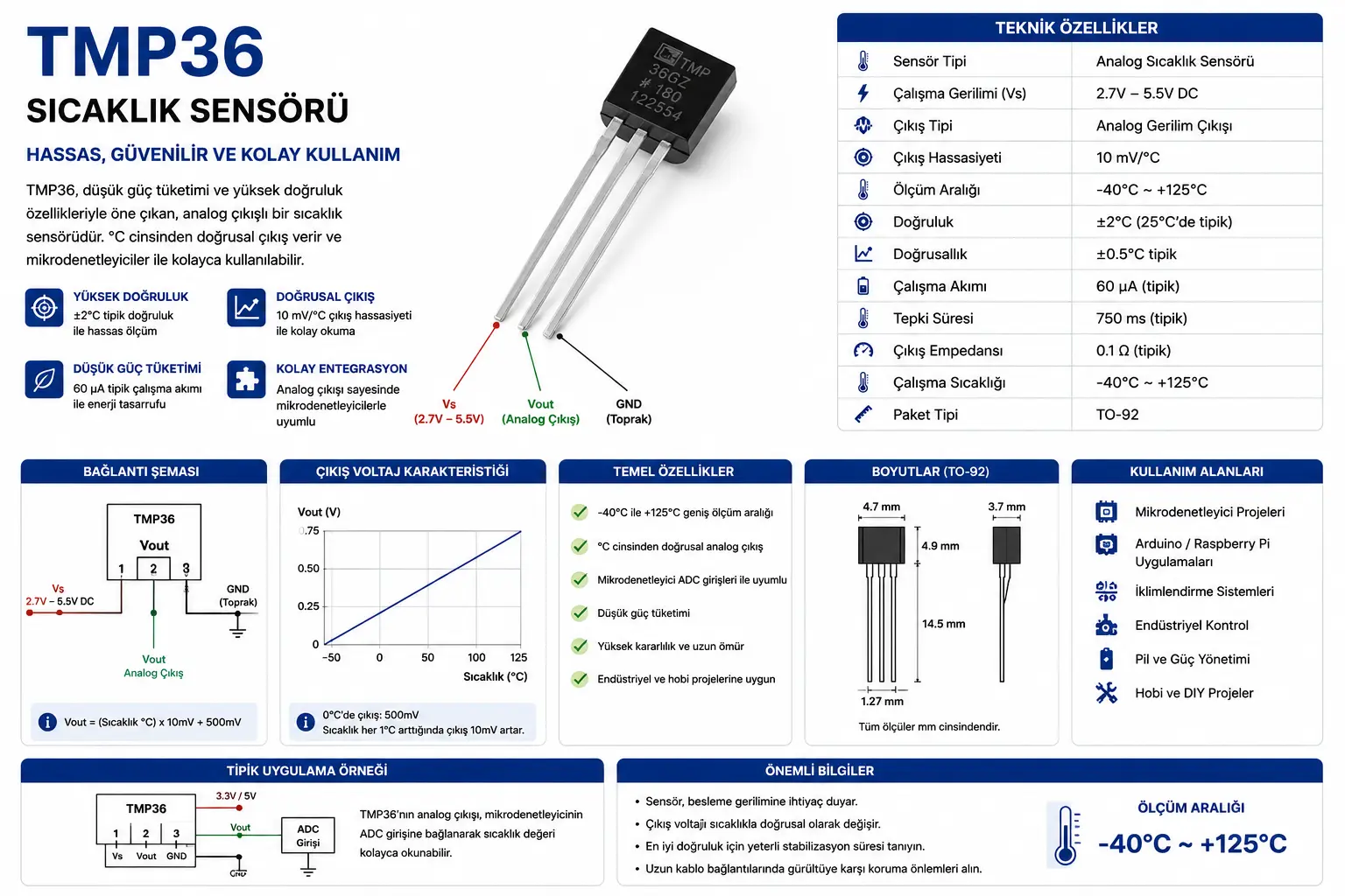 TMP36 sıcaklık sensörü analog çıkışlı ısı sensörü Arduino uyumlu