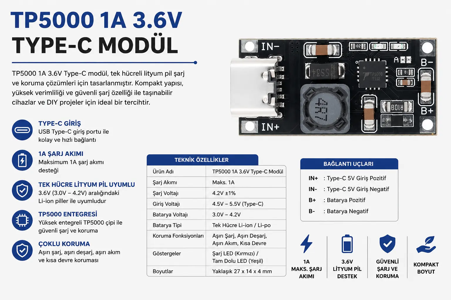 TP5000 1A 3.6V Type-C Modül lityum pil şarj devresi