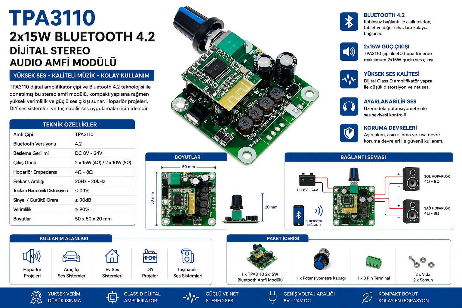 TPA3110 2x15W Bluetooth 4.2 Dijital Stereo Audio Amfi Modülü