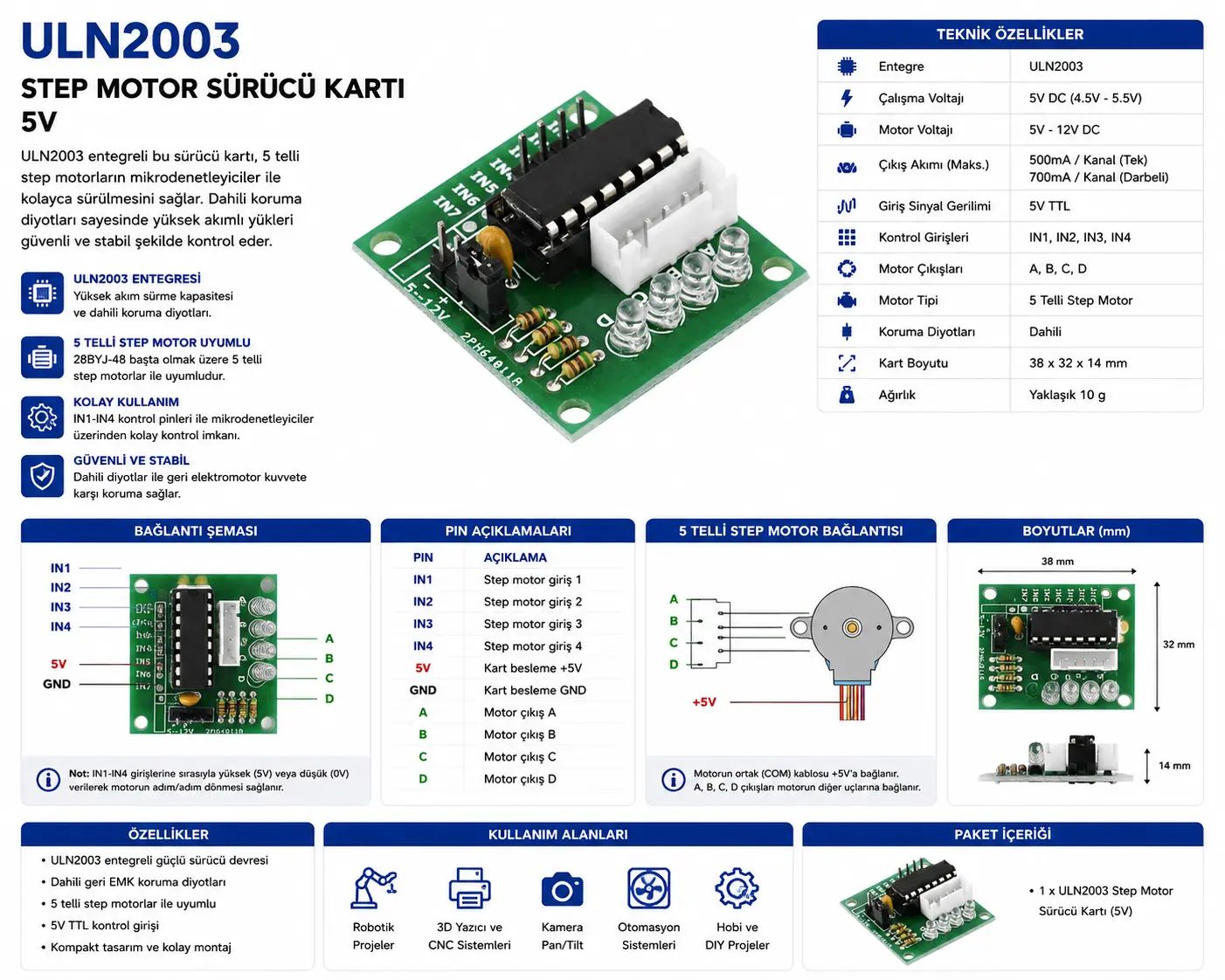 ULN2003 yeşil step motor sürücü kartı 5V Arduino uyumlu 28BYJ-48 sürücü modülü