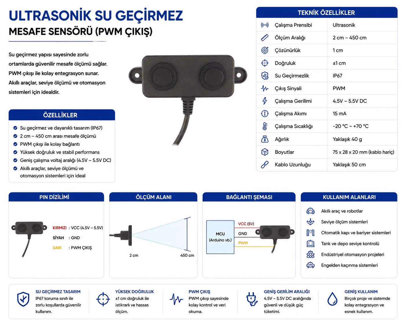 Ultrasonik su geçirmez mesafe sensörü PWM DYP-A02YY